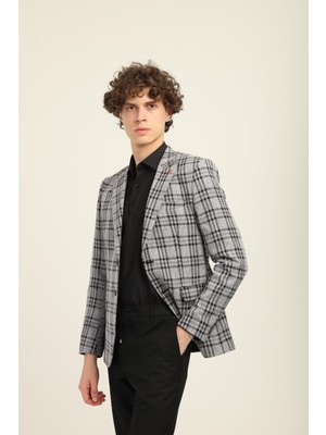 Siyah Gri Kareli Desen,iki Düğme Çift Yırtmaç Sivri Yaka Slim Fit Kalıp Tek Ceket | Agustini