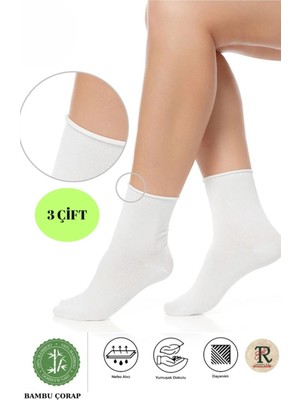 Trampler 3 Çift Unisex Bambu Çorap Lastiksiz Beyaz Soket Çorap Sıkmayan Çorap