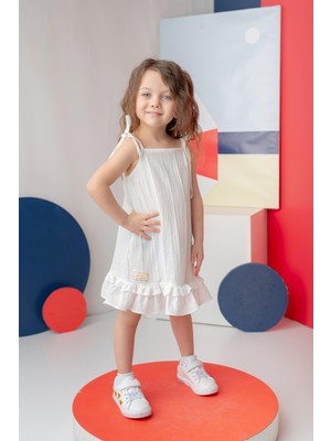 Kız Çocuk Fırfırlı Askılı Elbise - Beyaz