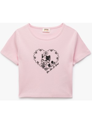 Koton Kedi Baskılı Kısa Kollu Crop Tişört