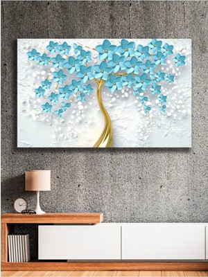 Altın Gövdeli Mavi Çiçekler Kanvas Tablo