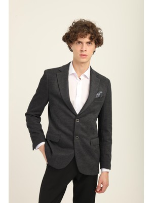 Gri Renk Mono Yaka Iki Düğme Çift Yırtmaç Blazer Tek Ceket Slim Fit | Agustini