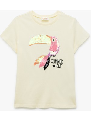 Koton Tişört Pullu Payetli Kısa Kollu Papağan Baskılı Pamuklu