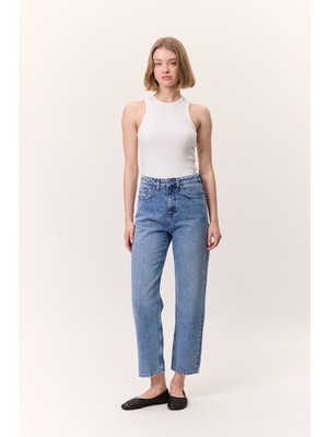 Yüksek Bel Mom Fıt Jean Mavi