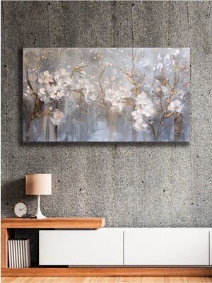 Yağlı Boya Görünümlü Gri Üstüne Beyaz Çiçekler Kanvas Tablo