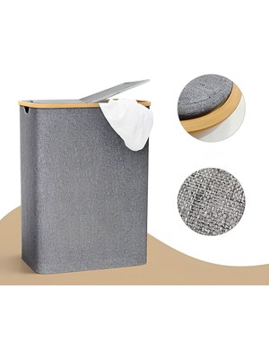 Mediterian İki Bölmeli 100L Katlanabilir Çamaşır Sepeti, Bambu Detaylı, Pratik ve Şık Tasarım