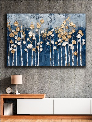Yağlı Boya Görünümlü Altın Dokunuşlu Çiçekler Kanvas Tablo