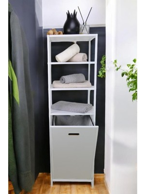 Metal Kirli Sepetli 4 Raflı Çamaşır Sepeti Beyaz HMRS-015