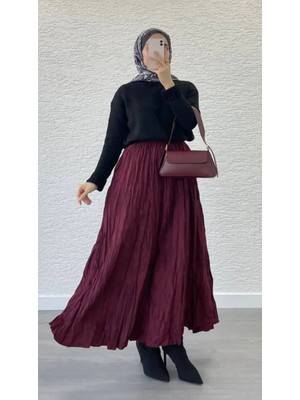 Bordo Crush Kırışık Uzun Etek