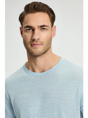 Saf Keten Mavi Bisiklet Yaka T-Shirt