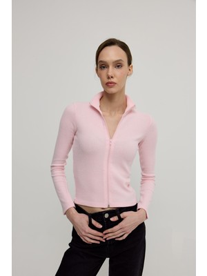 Kadın Pembe Renk Yarım Balıkçı Fermuarlı Crop Hırka