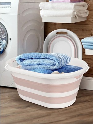 Mediterian Katlanabilir Akordiyon Çamaşır Sepeti 25 Litre Pembe-Beyaz