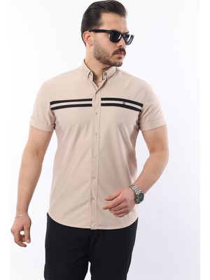 Erkek Kısa Kollu Slim Fit Yazlık Çift Çizgili Gömlek