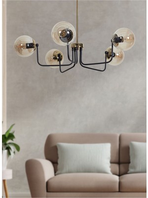 Belize 5 Li Gold-Siyah Metal Gövde Bal Rengi Camlı Tasarım Lüx Avize