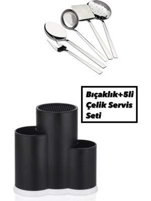 Mediterian Çok Renkli Tezgah Üstü Bölmeli Kaşık Bıçak Standı ve 5'li Çelik Servis Seti