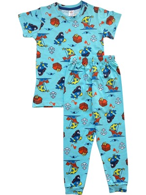 Erkek Çocuk %100 Pamuklu Mavi Balık Desenli Yazlık Kısa Kollu Pijama Takımı