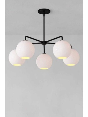 Yağmur 5'li Siyah Avize (Açık Ağızlı Beyaz Camlı)