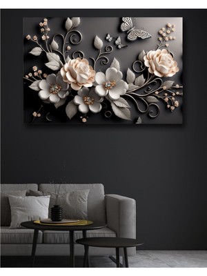 Kabartma Görünümlü Lüks Siyah Çiçekler Dekoratif Kanvas Duvar Tablo