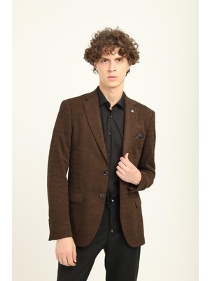  Kahverengi Mono Yaka Iki Düğme Çift Yırtmaç Blazer Tek Ceket Slim Fit | Agustini