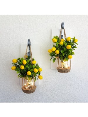 LED Işıklı Duvar Dekoru, Limon Yapay Çiçekli Aplik, Beyaz Ikili Set