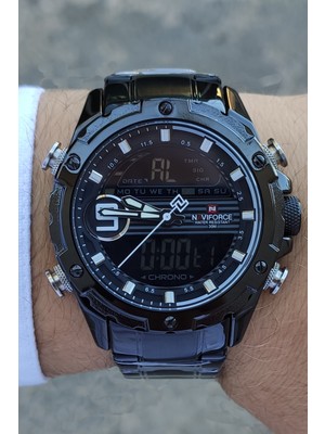 Naviforce Siyah Çelik Kasa ve Kordon Alarmlı Kronometreli Dijital Analog Erkek Kol Saati