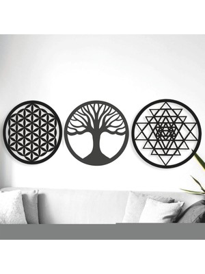 Yaşam Çiçeği Sri Yantra ve Torus Hayat Ağacı 3'lü Set Duvar Tablosu