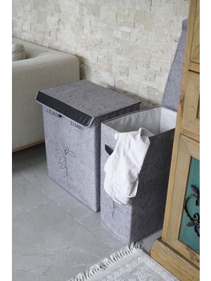 Mediterian İki Parça Keçe ve Deri Detaylı Kapaklı Çamaşır Sepeti Seti, Sarı, 100-249 ml