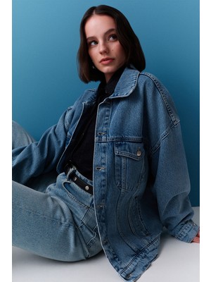Oversıze Form Denım Ceket Mavi