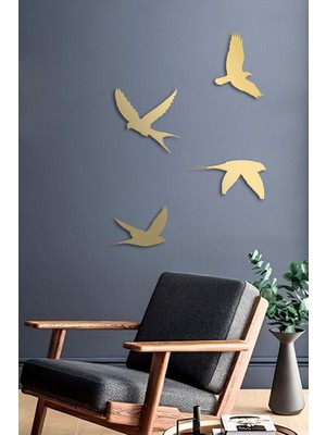 Flying Birds Metal Duvar Tablosu - 4'lü - Gold