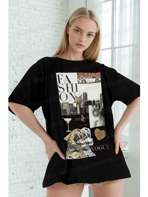 Kadın Siyah Fashion Oversize Fit Bol Geniş Kalıp Salaş Kesim T-Shirt