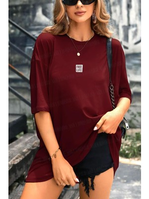 Teenage Millionaire Kadın Bordo Free Life Bisiklet Yaka Oversize Salas T-Shirt