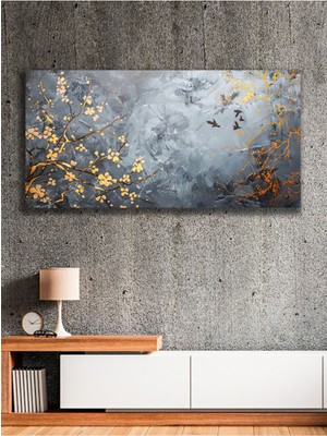 Altın Çiçekler ve Uçan Kuşlar Kanvas Tablo