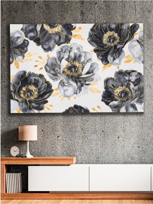 Iskandinav Tarzı Siyah ve Altın Renkli Çiçekler Kanvas Tablo