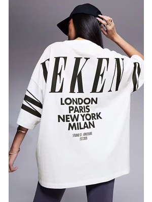 Millionaire Kadın Ekru Beyaz Weekend Oversize Fit Bol Geniş Kalıp Salaş Kesim T-Shirt