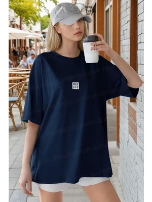 Kadın Lacivert Free Life Bisiklet Yaka Oversize Salas T-Shirt