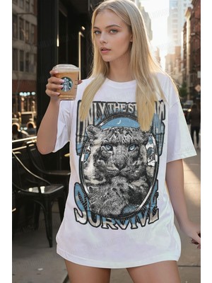 Kadın Ekru Beyaz Survive Oversize Fit Bol Geniş Kalıp Salaş Kesim T-Shirt
