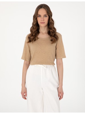 Pierre Cardin Kadın Bej Comfort Fit Keten Tişört 50306229-VR011