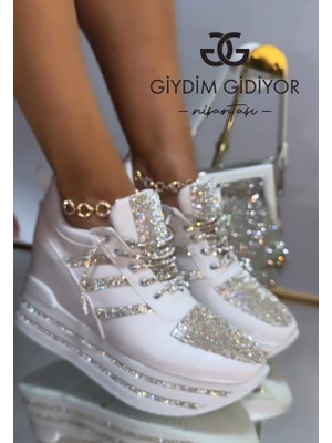 Ashley Kristal Taşlı Gizli Topuk Spor Ayakkabı Beyaz