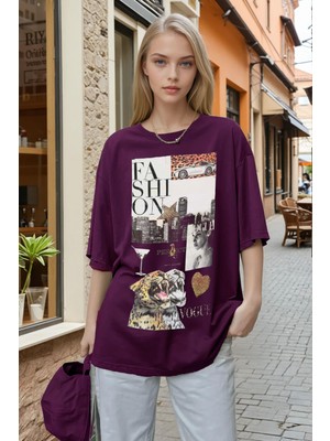 Millionaire Kadın Mürdüm Fashion Oversize Fit Bol Geniş Kalıp Salaş Kesim T-Shirt