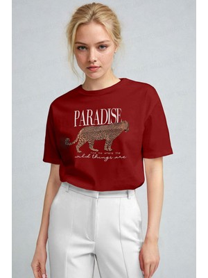 Millionaire Kadın Kırmızı Paradise Leopar Kadın Kısa Kol Relax Fit Rahat Kesim Regular T-Shirt
