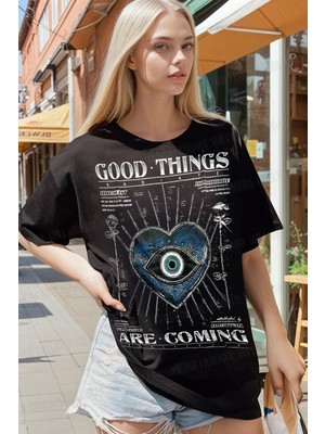 Millionaire Kadın Siyah Nazar Baskılı Oversize Fit Bol Geniş Kalıp Salaş Kesim T-Shirt