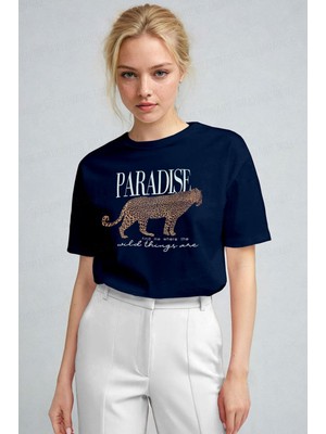 Millionaire Kadın Lacivert Paradise Leopar Kadın Kısa Kol Relax Fit Rahat Kesim Regular T-Shirt