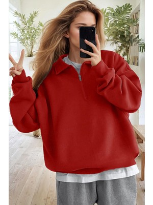 Kadın Kırmızı Yarım Fermuar Polo Yaka 3 Iplik Içi Polarlı Şardonlu Oversize Sweatshirt