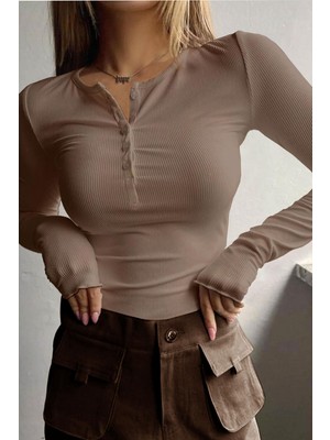 Kadın Camel Düğme Detaylı Patlı Düğmeli Bisiklet Yaka Uzun Kollu Fitilli Kaşkorse Bluz Body