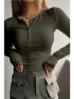 Kadın Haki Yeşili Düğme Detaylı Patlı Düğmeli Bisiklet Yaka Uzun Kollu Fitilli Kaşkorse Bluz Body