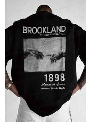 Erkek Siyah 1898 Brookland Baskılı Oversize Salas T-Shirt
