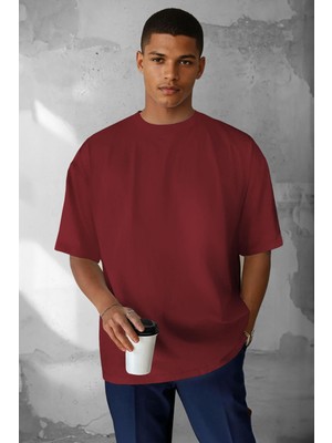 Erkek Bordo Basic Düz Baskısız Oversize Salas T-Shirt