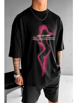 Millionaire Erkek Siyah Siluet Sensitive Content Oversize Fit Bol Geniş Kalıp Salaş Kesim T-Shirt