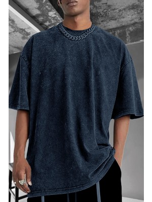 Erkek Lacivert Oversize Asit Yıkamalı Eskitme Efektli Boyalı T-Shirt