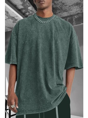 Erkek Petrol Yeşili Oversize Asit Yıkamalı Eskitme Efektli Boyalı T-Shirt